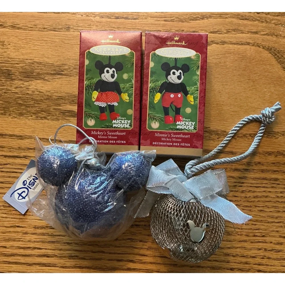 Disney Hallmark Keepsake Mickey Minnie Mouse 2001 Ornaments Blue Glitter Bundle